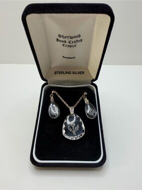 Sherwood Vtg 925 Silver Scottish Thistle Crystal Necklace and Earrings Set